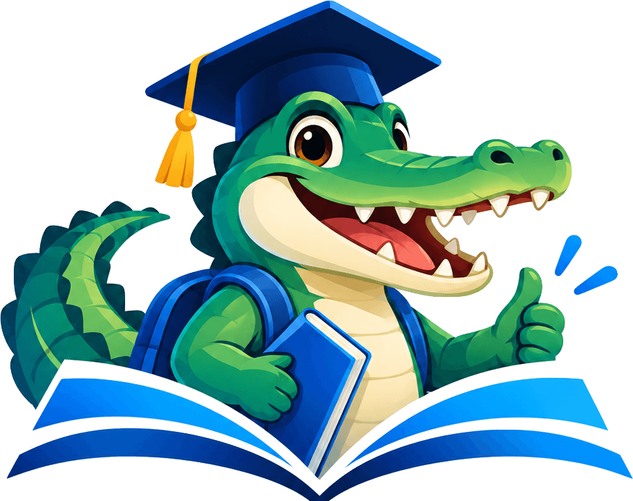 The LafaekTOEFL crocodile mascot in a graduation cap, holding a book and giving a thumbs-up